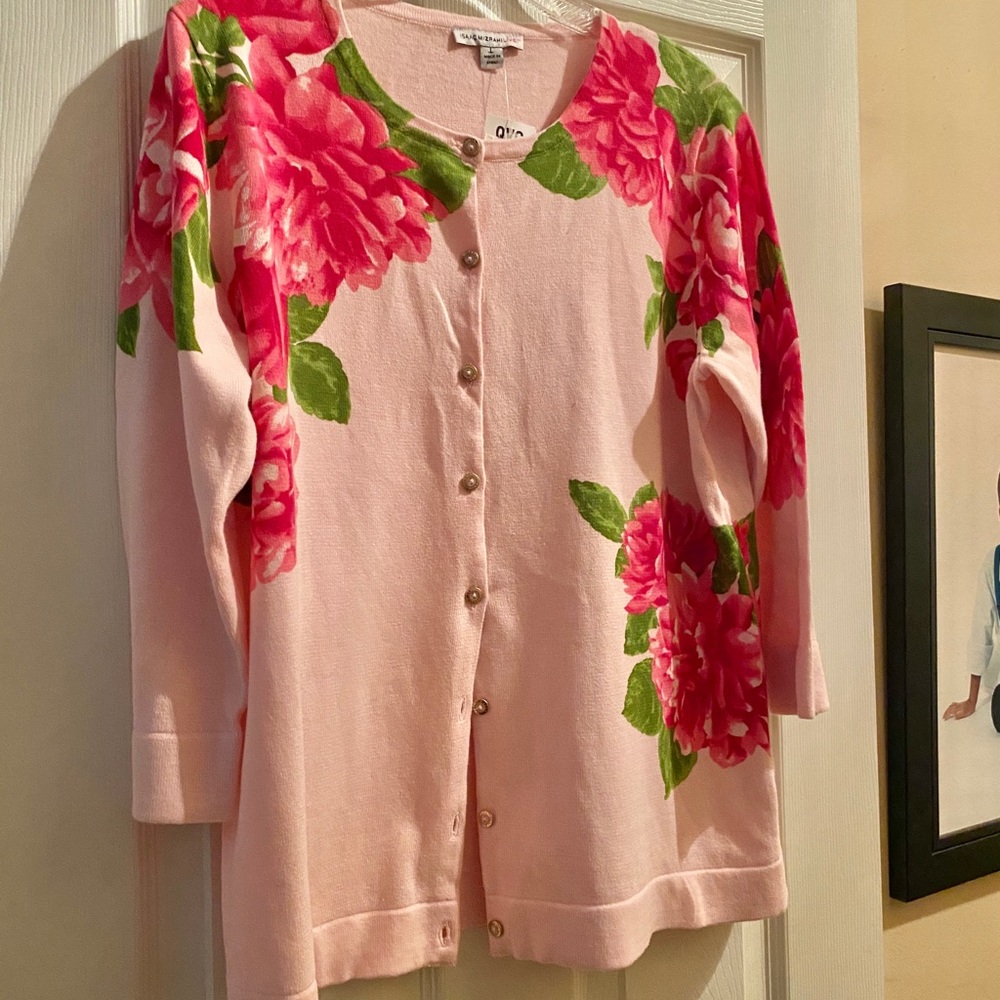 Isaac Mizrahi Live! Pink Green Floral Cardigan